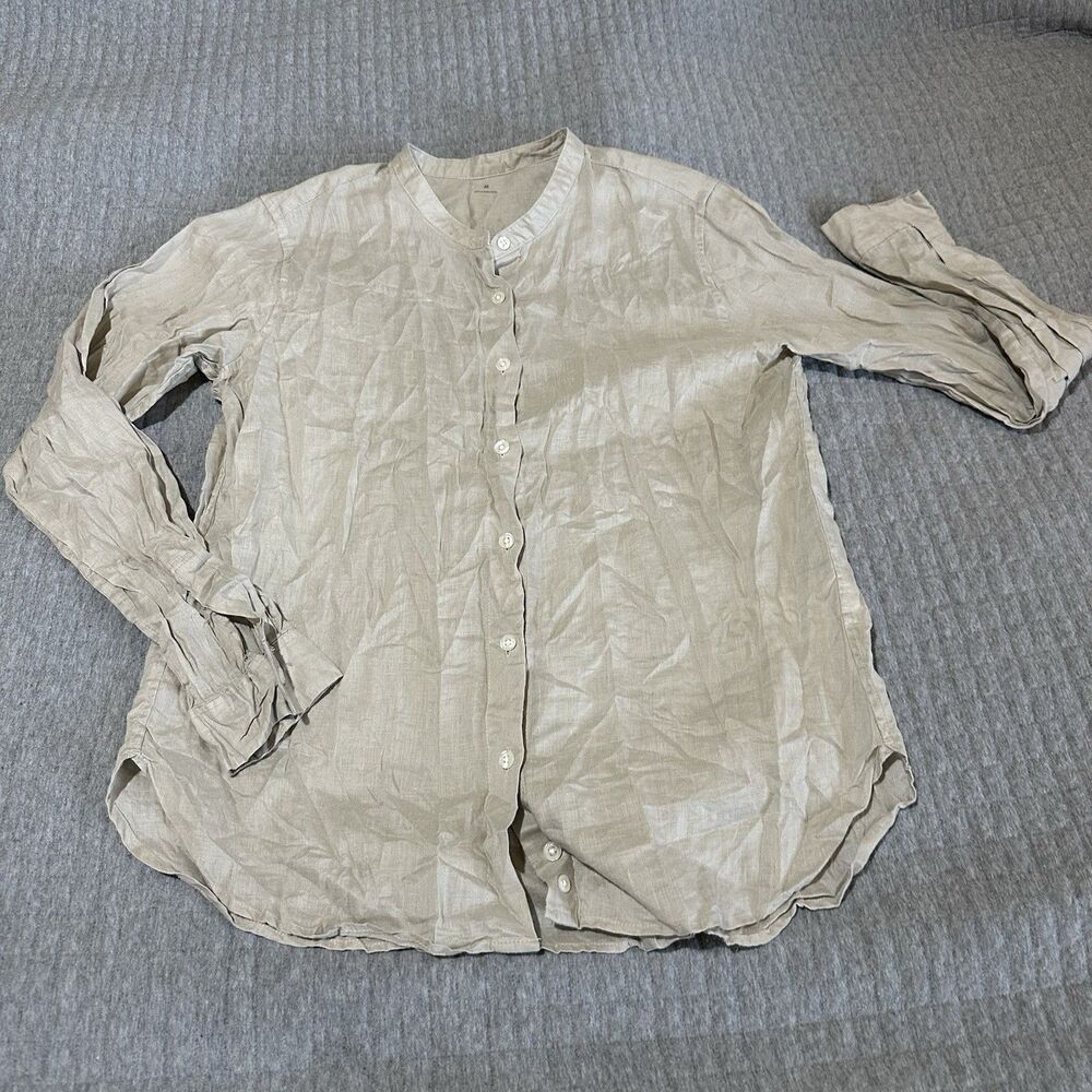 Beige 100% Linen Band Collar Long Sleeve Button-Up Shirt Womens M Cottagecore